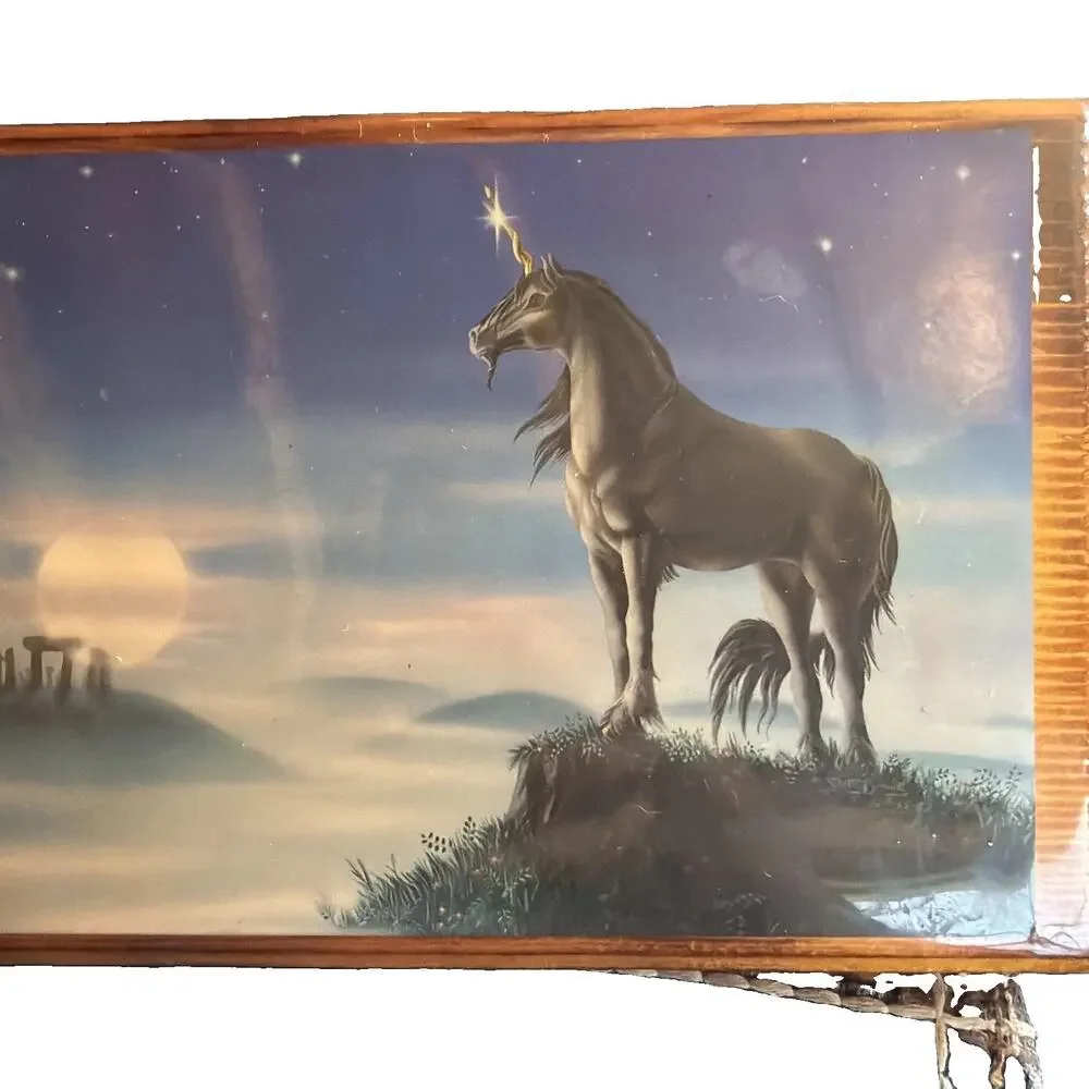 Vintage 1980's Unicorn At Attention Stonehenge Wood Plaque Fantasy Mythical Art